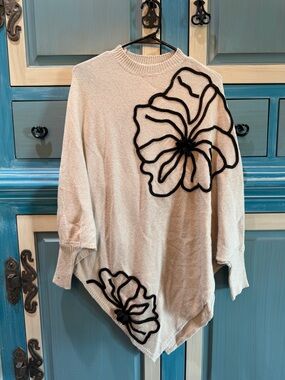 Cream Crewneck Sweater with Black Floral Trim